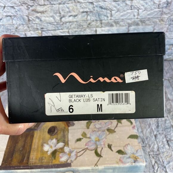 Nina Black Satin Rhinestone Stilettos Open Toe Evening Wear Womens Size 6 - Picture 9 of 10